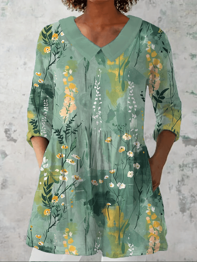 Sakura | Artistic Floral Print Casual Lapel Shirt