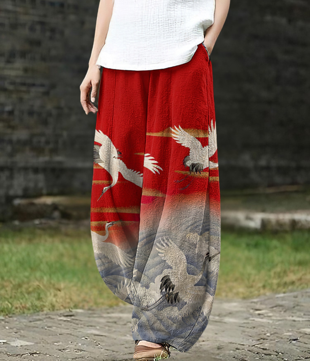 Avant | Red Crane Print Wide-Leg Pants