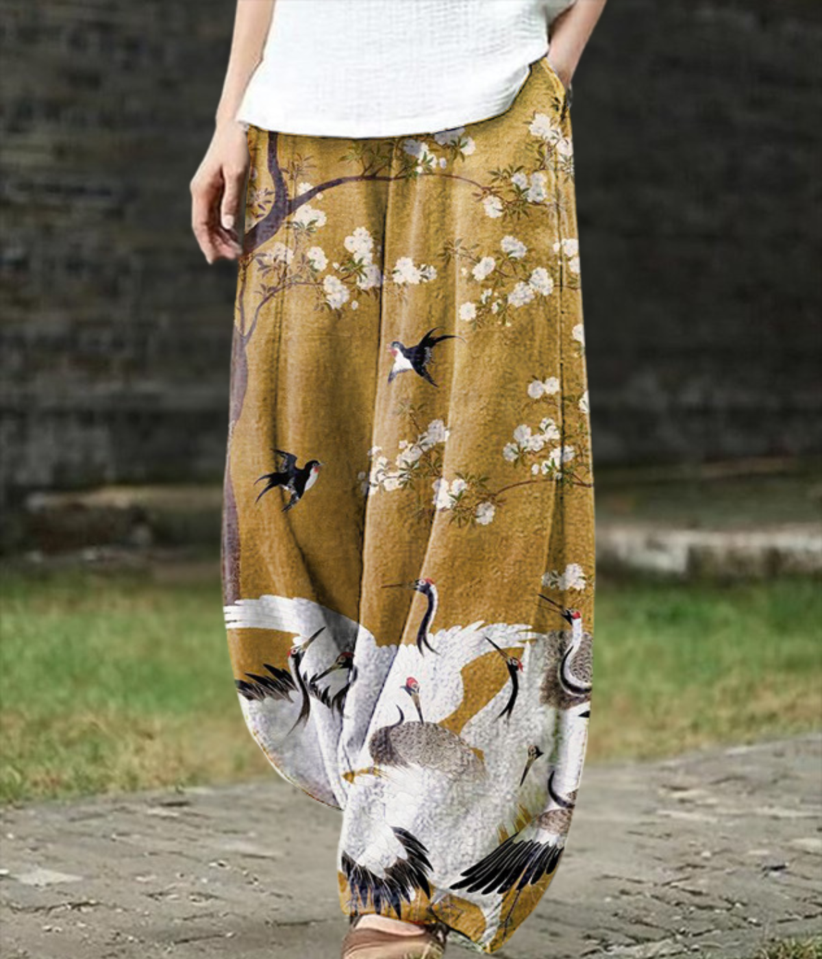Charlotte | Crane and Blossom Print Wide-Leg Pants