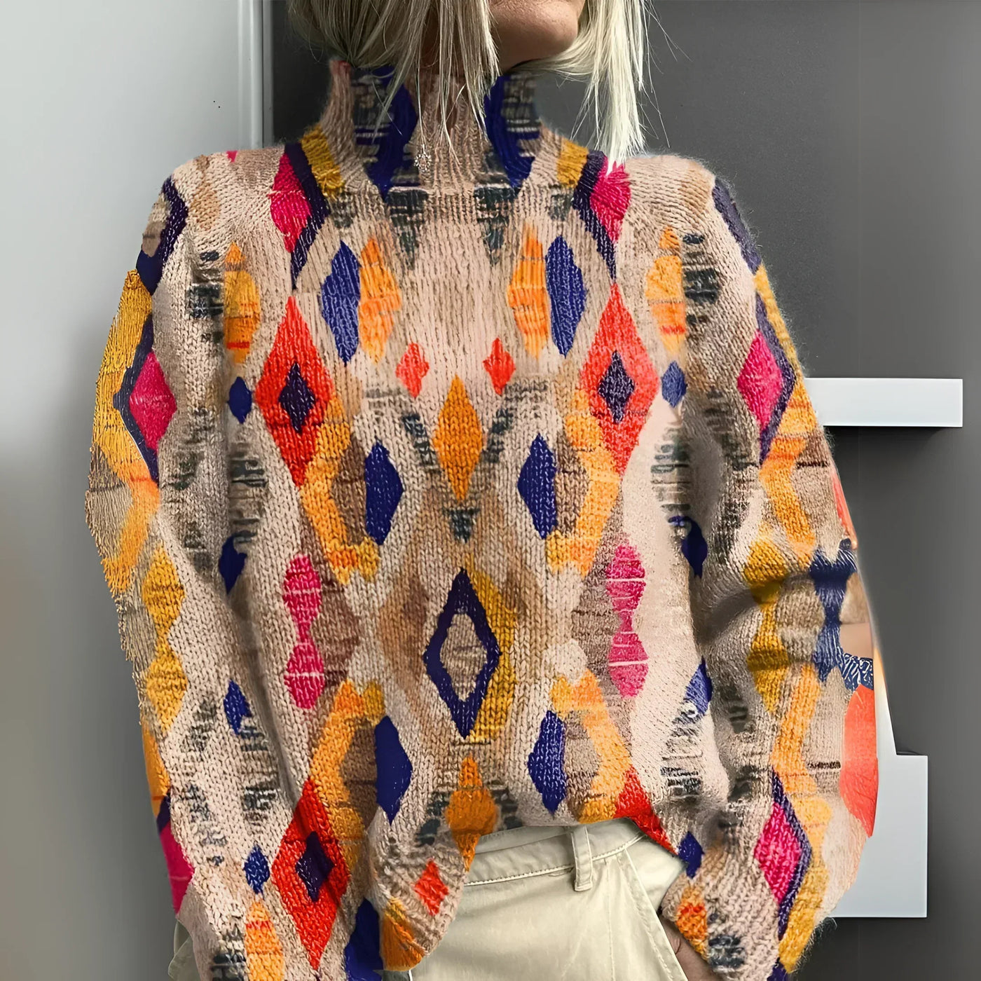 Mai Knitted Roll Neck with Geometric Checks