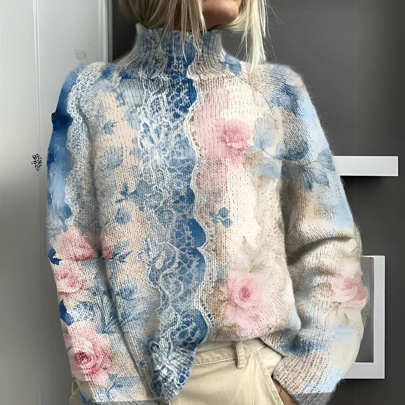 Mio | Knitted roll-neck sweater with floral lace