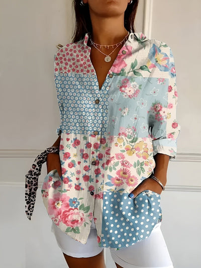 Yuki - Casual Blouse with Flowers and Waves