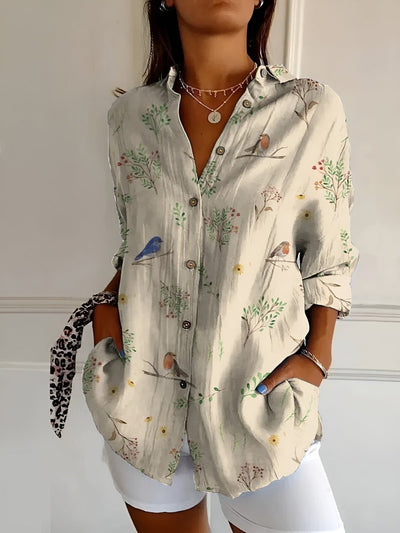 Yuki - Casual Blouse with Flowers and Waves
