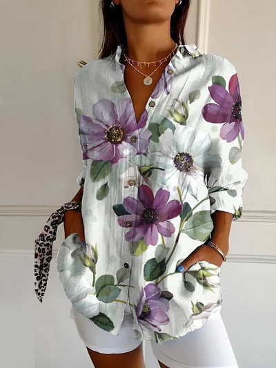 Yuki - Casual Blouse with Flowers and Waves