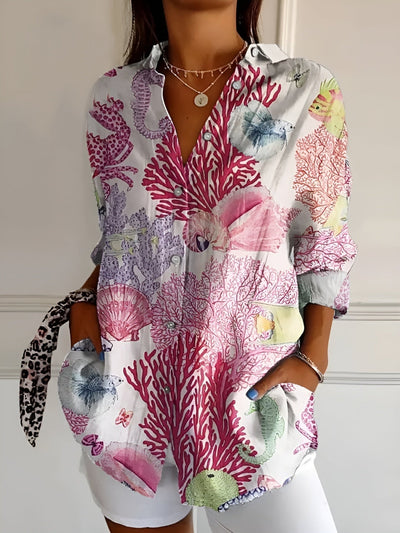 Yuki - Casual Blouse with Flowers and Waves